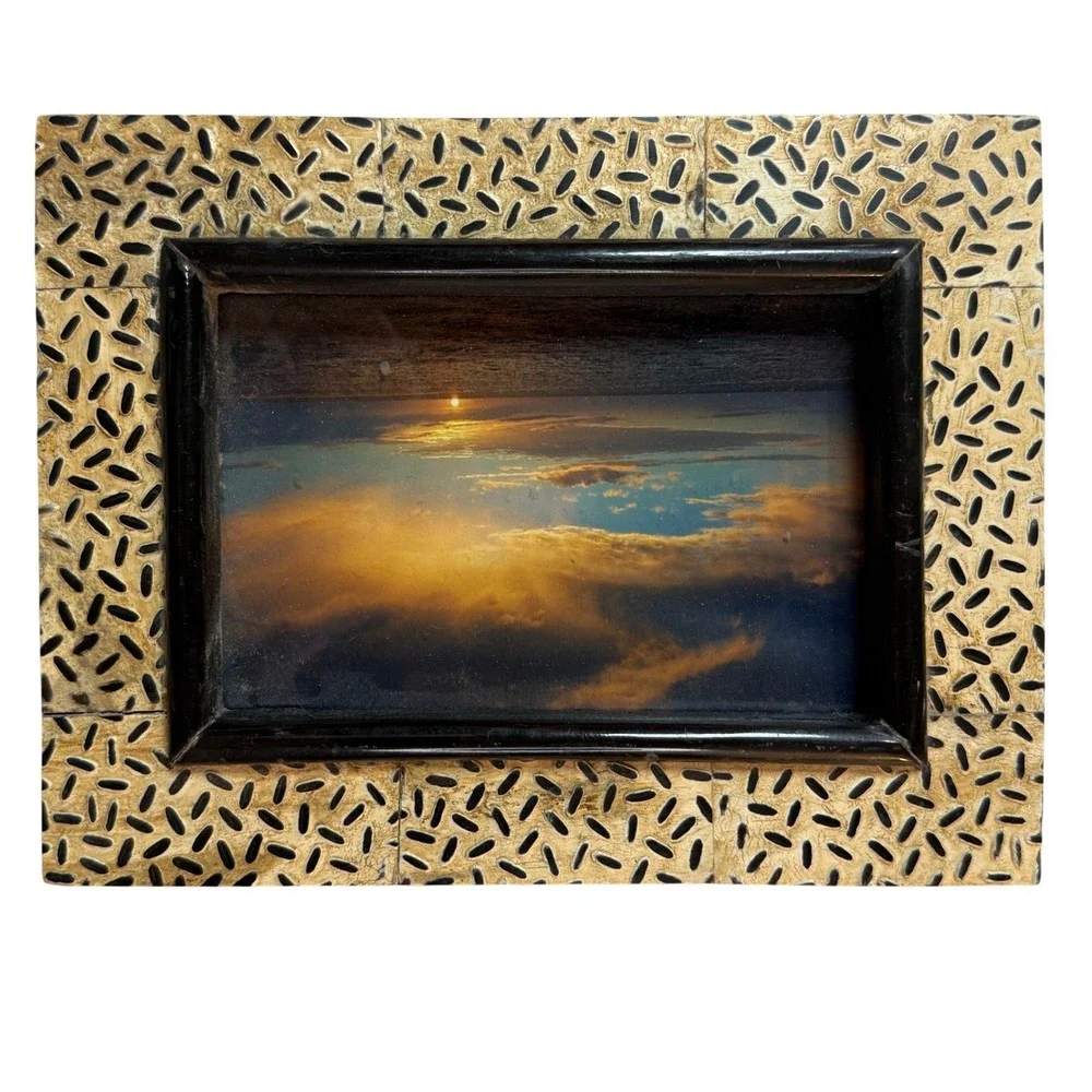 Vintage Bone Inlay Picture Frame Tan Black Good Seed Pattern Bohemian Eclectic